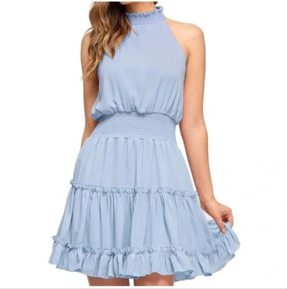 Elegant Sky Blue Halter Mini Dress Size Medium - Picture 1 of 9